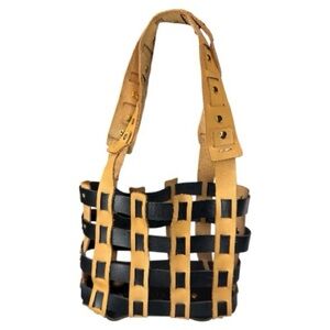 Tribe + Temple Leather Woven Tan and Black Mini Handbag with Brass Rivets NWT